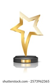 Golden award trophy. Metal gold star shaped cup on white background. Realistic vector illustration of winners cup for sport competition, business achievement, recognition, leadership, promotion.