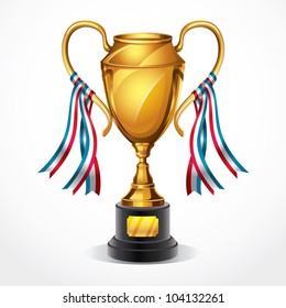 Golden award trophy and ribbon. vector illustration