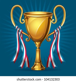 Golden award trophy and ribbon. vector illustration