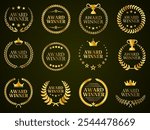 Golden award winner emblems. Gold award badges with laurel wreaths, five stars, crowns and trophies symbols. Elegant circular achievement tag vector set.