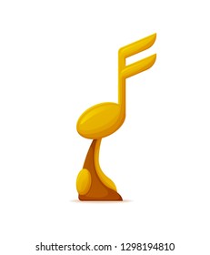 Golden award of winner, sound vertical glossy prize. Music key and note trophy on white, symbol of melody event and victory cup, song and nominated vector