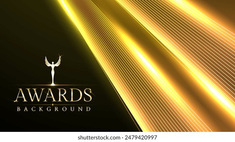 Golden awards background. Jubilee night decorative invitation. Trophy on stage platform with spotlight. Wedding entertainment hollywood bollywood night. Elegant luxury steps floor. Film awards.