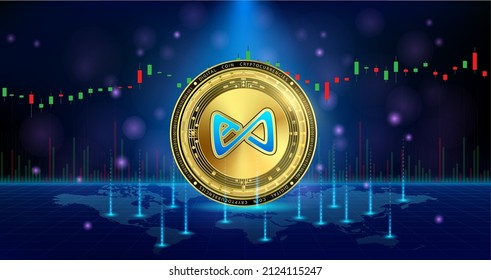 Golden Axie infinity currency coin. Electronic crypto currency modern technology. Digital cryptocurrency block chain market token banner. On world map chart background. 3D Vector.

