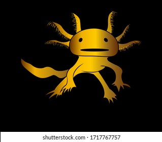 Axolotl dorado aislado en fondo negro. Vector. Icono de Axolotl. Ilustración digitalmente dibujada.