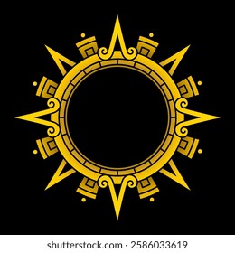 Golden Aztec solar disk, sun symbol, and diadem, representing the Aztec sun deity Tonatiuh. Arrows or sun rays pointing in cardinal directions, with further subdivisions for inter-cardinal directions.