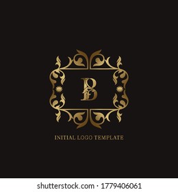 Golden B Initial logo. Frame emblem ampersand deco ornament monogram luxury logo template for wedding or more luxuries identity