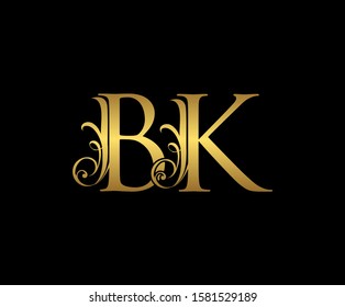 Golden B, K and BK Letter Classy Floral Logo Icon,  Elegant Design.