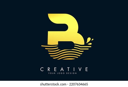 Golden B Letter Logo with Waves and Water Drops Design Vector Illustration.