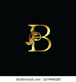 Golden B Letter  Minimalist Luxury Initial Nature Tropical Leaf logo Icon  vector design.