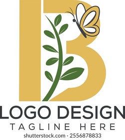 Golden 'B' Logo with Green Plant and Butterfly, Featuring Text 'LOGO DESIGN' Below