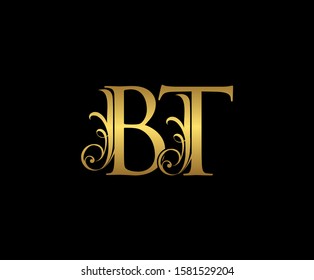Golden B, T and BT Letter Classy Floral Logo Icon,  Elegant Design.