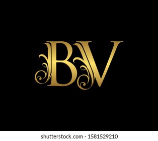 Golden B, V and BV Letter Classy Floral Logo Icon,  Elegant Design.