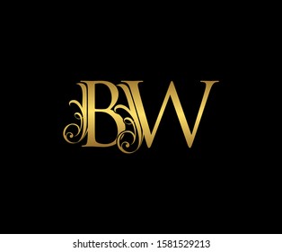 Golden B, W and BW Letter Classy Floral Logo Icon,  Elegant Design.