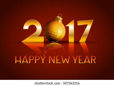 Golden background of 3d text 2017 with reflection and christmas ball