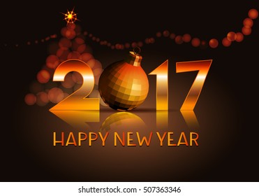 Golden background of 3d text 2017 with reflection and christmas ball,christmas lights