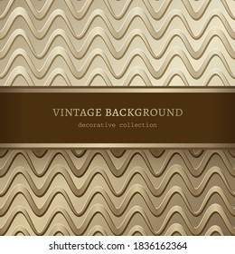 Golden background with abstract wavy pattern. Vector gold frame. Wedding invitation or packaging design template.