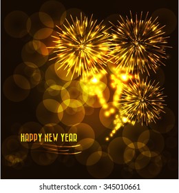 Golden background christmas. Abstract Christmas background with Firework Salute and place for text. Glittering bokeh with magic stars dust. Blurred Christmas Lights for Xmas Holiday Design.