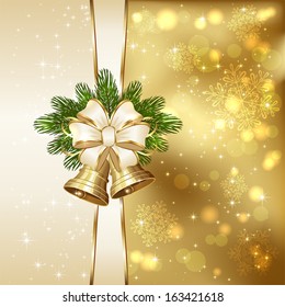 Golden background with Christmas bells, beige bow,  spruce branches and blurry lights, illustration.