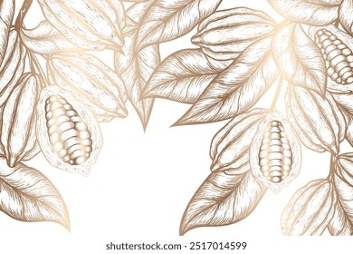 Fundo dourado com cacau - mão desenhada em estilo vintage