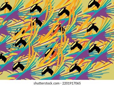 Golden background with colored bird elements for textiles or prints. Futuristic birds like an eagle in rainbow colors for fashion trends, interior solutions, fabric products, wallpaper, covers, etc. 