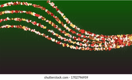 Fondo dorado con confetti de partículas deslumbrantes. Día de San Valentín. Patrón disco. Luces. Explosión de Confetti. Ilustración de vectores de brillo. Diseño para Volante.