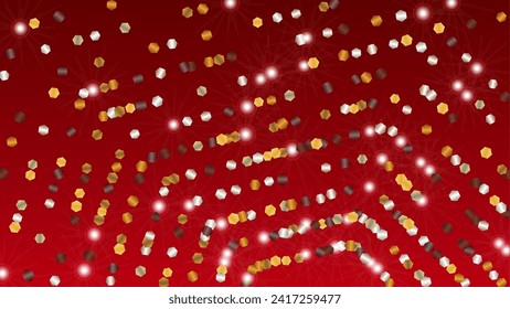Goldener Hintergrund mit Confetti von Glitter Particles. Frische Lichter Textur. Neujahrsmuster. Lichtpunkte. Sternstaub. Explosion von Confetti. Design für Vorlage.