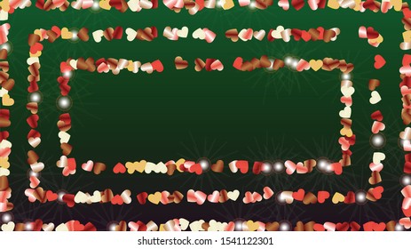 Golden Background with Confetti of Hearts Glitter Particles. St. Valentine Day. Holiday pattern. Light Spots. Explosion of Confetti. Glitter Vector Illustration. Design for Print.