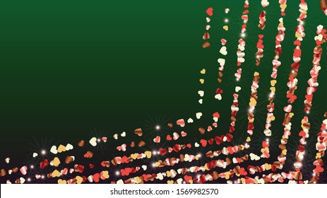 Golden Background with Confetti of Hearts Glitter Particles. St. Valentine Day. Anniversary pattern. Light Spots. Explosion of Confetti. Glitter Vector Illustration. Design for Invitation.