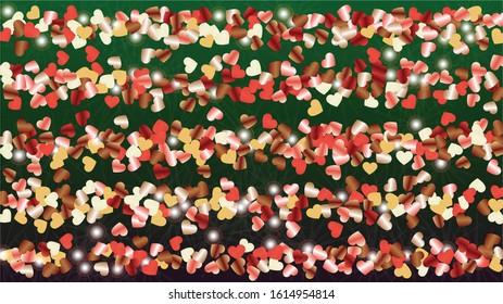 Golden Background with Confetti of Hearts Glitter Particles. St. Valentine Day. Christmas pattern. Light Spots. Explosion of Confetti. Glitter Vector Illustration. Design for Invitation.