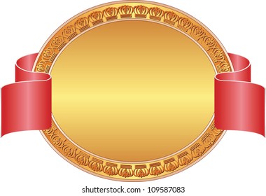 golden background with crowns and red ribbon