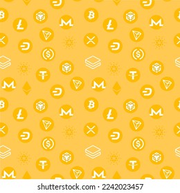 Golden background with Cryptocurrency symbols in flat style. Seamless pattern for a website or a banner with blockchain coins.