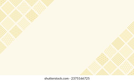 Golden background decorated with diamond shaped tiles with various traditional Japanese patterns on the top left and bottom right