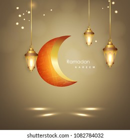 Golden Background Design with Creative Moon and Lanterns for Ramadan Kareem.