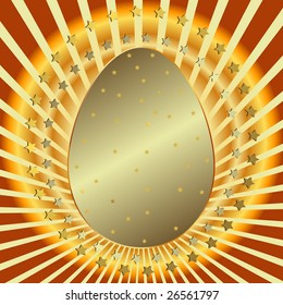 Golden background with easter egg, silvery beams and stars (vector)