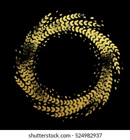 Golden background with floral wreath decorative ornament. Glittering gold foil floral wreath imprint of leaf laurel garland.  Symbol for New Year and Christmas holiday black background design