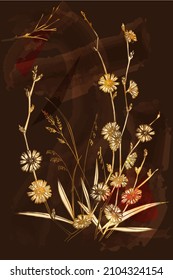 Flores doradas de fondo y vector de hierbas. Lujoso Art Deco florido. Patrón natural dorado Ilustración vectorial. afiche