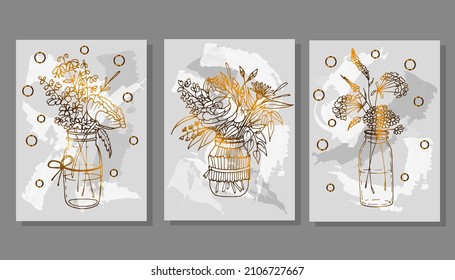 Golden background flowers and herbs vector poster. Luxurious floral art deco. Golden natural pattern Vector illustration. 