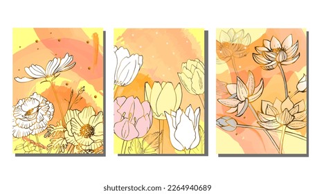 Golden background flowers and herbs vector poster. Luxurious floral art deco. Golden natural pattern Vector illustration.