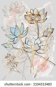 Golden background flowers lotus vector. Luxurious floral art deco. Golden natural pattern Vector illustration.