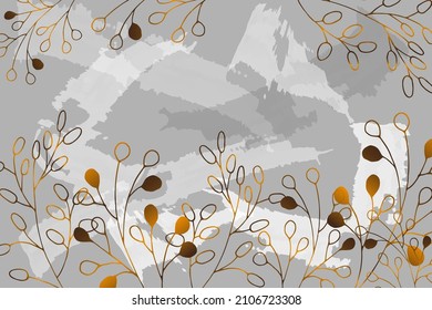 Goldener Hintergrund, Blumen, Vektorgrafik. Luxuriöses Blumendeko. Goldenes natürliches Muster, Vektorgrafik.