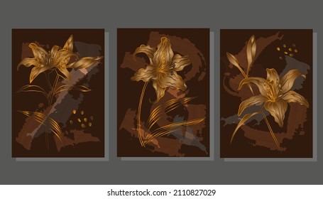 Golden background flowers vector poster. Luxurious floral art deco. Golden natural pattern Vector illustration. 