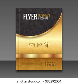 Golden Background Flyer Template. Luxury Brochure, Book Cover Mockup Design. Vector Elements.