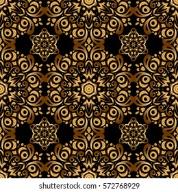 Golden background. Geometric background with rhombus and nodes. Seamless geometric pattern. Vector golden texture. Vector seamless pattern on a black background. Abstract geometric pattern.