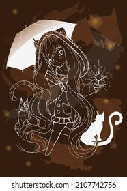 Golden background girl with cat vector poster. Luxurious anume art deco. Golden natural pattern Vector illustration.