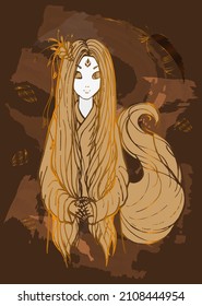 Golden background girl kitsune vector poster. Luxurious anime art deco. Golden natural pattern Vector illustration.