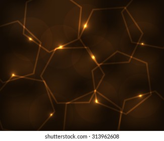 Golden background with glittering hexagons and sparkles. Vector background for flyer, blank, card, banner, invitation, brochure cover design template.