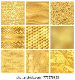 Golden background or gold texture vector pattern for luxury textured wallpaper with textural goldleaf backdrop yellow set