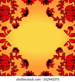 Golden background with hand drawn folk floral red symmetric elements. Vector isolated illustration. Boho chic.