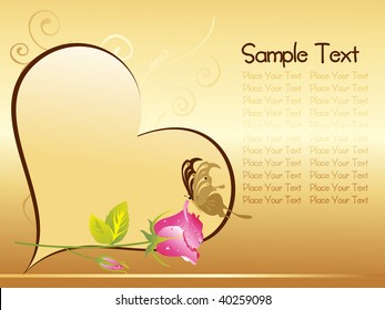 golden background with heart, pink rose and butterfly