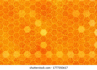 Golden background with honeycomb shapes. Vector illustration. Pattern with glitter effect. Template texture for invitation, poster, card,  banner, announcements and others. Doodle style.